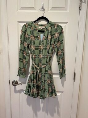 LOFT Sage Green Floral Long-Sleeve Tie-Waist Dress